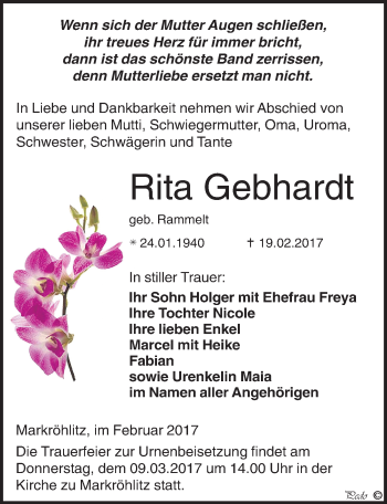 Traueranzeige von Rita Gebhardt von Mitteldeutsche Zeitung Weißenfels