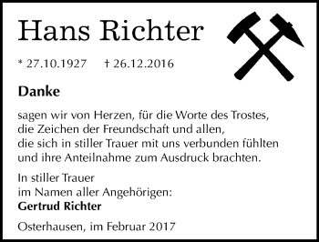 Traueranzeige von Hans Richter von Mitteldeutsche Zeitung Mansfelder Land