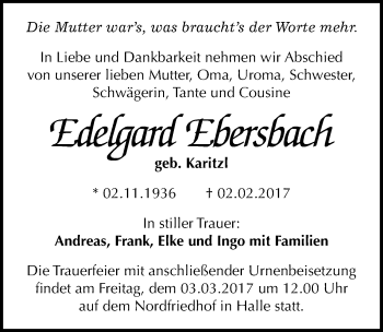 Traueranzeige von Edelgard Ebersbach von Mitteldeutsche Zeitung Halle/Saalkreis