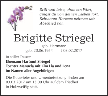 Traueranzeige von Brigitte Striegel von WVG - Wochenspiegel Bitterfeld