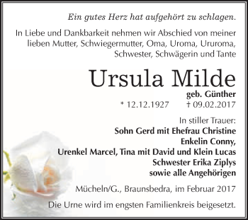 Traueranzeige von Ursula Milde von Super Sonntag Halle