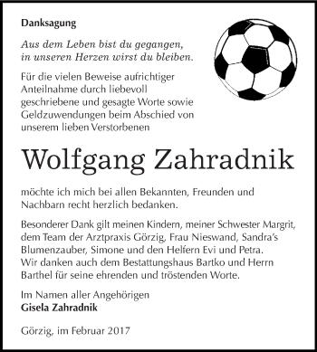 Traueranzeige von Wolfgang Zahradnik von WVG - Wochenspiegel Dessau / Köthen