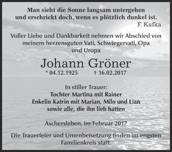 Traueranzeige von Johann Gröner von Super Sonntag SGH Mansf. Land
