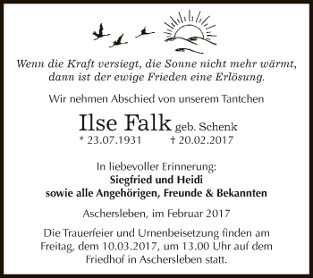 Traueranzeige von Ilse Falk von Super Sonntag SGH Mansf. Land