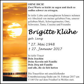 Traueranzeige von Brigitte Klühne von LBIT,LWFS