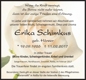 Traueranzeige von Erika Schimkus von Mitteldeutsche Zeitung Sangerhausen