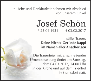 Traueranzeige von Josef Schön von WVG - Wochenspiegel Bitterfeld