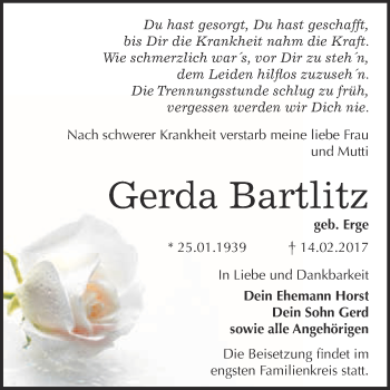 Traueranzeige von Gerda Bartlitz von WVG - Wochenspiegel Bitterfeld