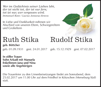 Traueranzeige von Ruth und Rudolf Stika von Mitteldeutsche Zeitung Merseburg/Querfurt