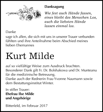 Traueranzeige von Kurt Milde von Mitteldeutsche Zeitung Bitterfeld