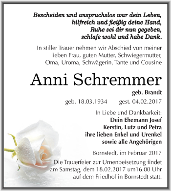 Traueranzeige von Anni Schremmer von Super Sonntag SGH Mansf. Land