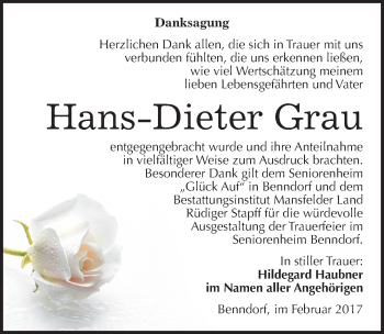 Traueranzeige von Hans-Dieter Grau von Mitteldeutsche Zeitung Mansfelder Land