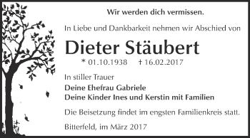 Traueranzeige von Dieter Stäubert von WVG - Wochenspiegel Bitterfeld