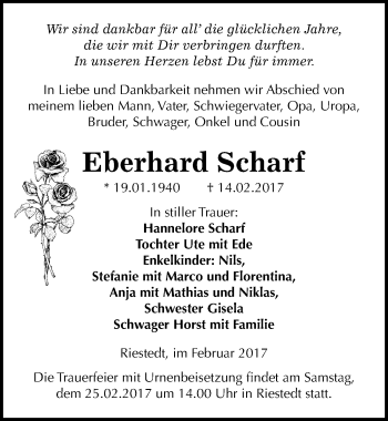 Traueranzeige von Eberhard Scharf von Mitteldeutsche Zeitung Sangerhausen