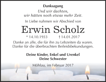 Traueranzeige von Erwin Scholz von Super Sonntag Wittenberg