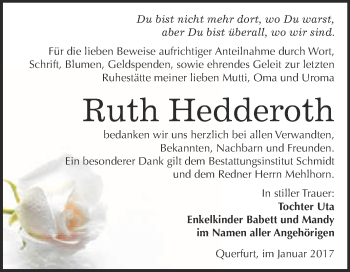 Traueranzeige von Ruth Hedderoth von Super Sonntag Halle