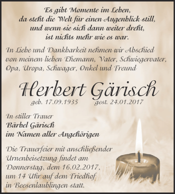 Traueranzeige von Herbert Gärisch von Super Sonntag Bernburg