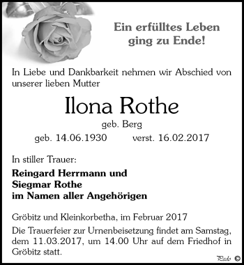 Traueranzeige von Ilona Rothe von Mitteldeutsche Zeitung Weißenfels