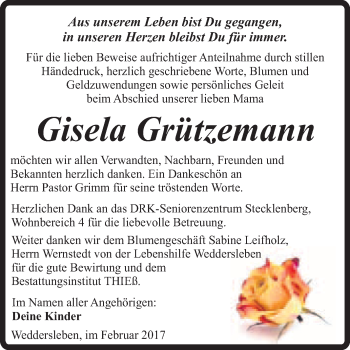 Traueranzeige von Gisela Grützemann von Super Sonntag Quedlinburg