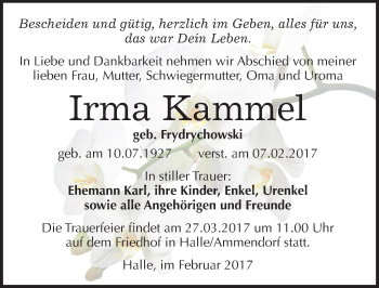 Traueranzeige von Irma Kammel von Mitteldeutsche Zeitung