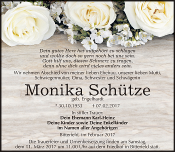 Traueranzeige von Monika Schütze von Mitteldeutsche Zeitung Bitterfeld
