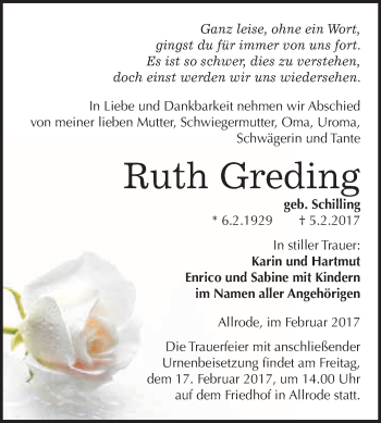 Traueranzeige von Ruth Greding von Super Sonntag Quedlinburg