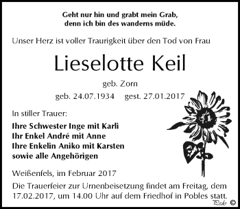 Traueranzeige von Lieselotte Keil von Mitteldeutsche Zeitung Weißenfels