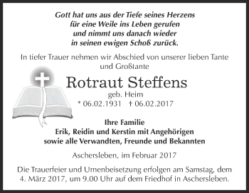 Traueranzeige von Rotraut Steffens von Super Sonntag SGH Mansf. Land