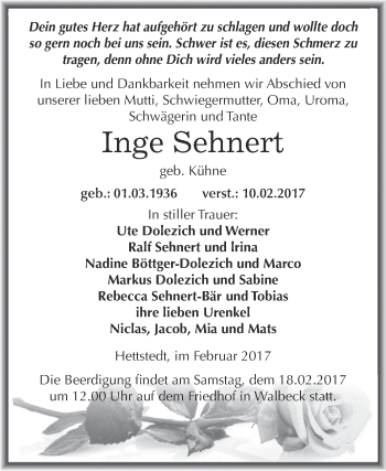Traueranzeige von Inge Sehnert von Super Sonntag SGH Mansf. Land