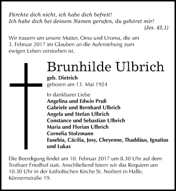 Traueranzeige von Brunhilde Ulbrich von Mitteldeutsche Zeitung Halle/Saalkreis