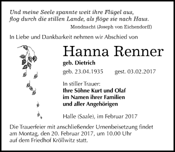 Traueranzeige von Hanna Renner von Mitteldeutsche Zeitung Merseburg/Querfurt