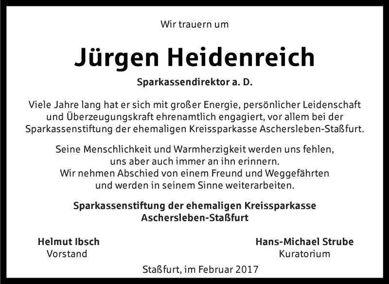  Traueranzeige für Jürgen Heidenreich vom 25.02.2017 aus Super Sonntag SGH Mansf. Land