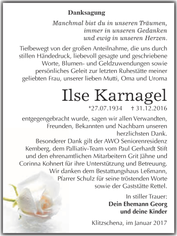 Traueranzeige von Ilse Karnagel von Super Sonntag Wittenberg