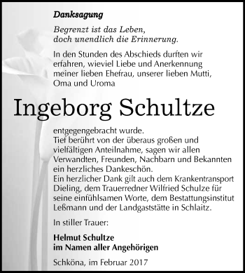Traueranzeige von Ingeborg Schultze von Super Sonntag Wittenberg