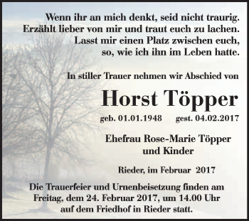 Traueranzeige von Horst Töpper von Super Sonntag Quedlinburg