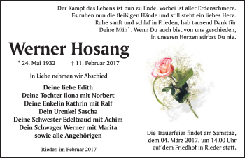 Traueranzeige von Werner Hosang von Mitteldeutsche Zeitung Quedlinburg