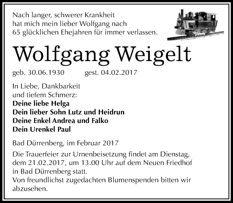  Traueranzeige für Wolfgang Weigelt vom 11.02.2017 aus Mitteldeutsche Zeitung Merseburg/Querfurt