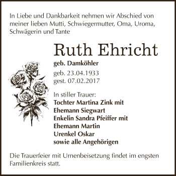Traueranzeige von Ruth Ehricht von Super Sonntag SGH Mansf. Land