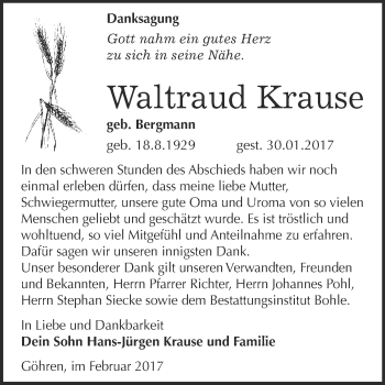 Traueranzeige von Waltraud Krause von Super Sonntag Halle