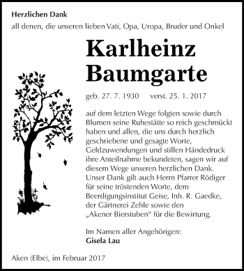 Traueranzeige von Karlheinz Baumgarte von WVG - Wochenspiegel Dessau / Köthen