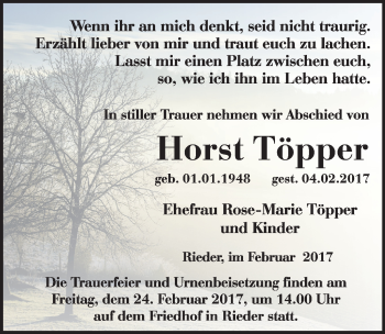 Traueranzeige von Horst Töpper von Mitteldeutsche Zeitung Quedlinburg
