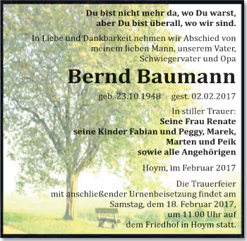 Traueranzeige von Bernd Baumann von Mitteldeutsche Zeitung Aschersleben