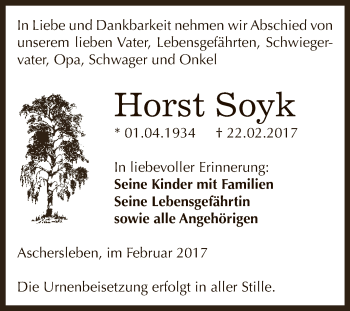 Traueranzeige von Horst Soyk von Super Sonntag SGH Mansf. Land