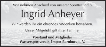 Traueranzeige von Ingrid Anheyer von Super Sonntag Bernburg