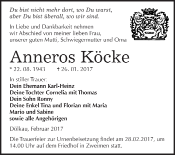 Traueranzeige von Anneros Köcke von Super Sonntag Halle