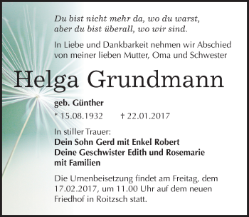 Traueranzeige von Helga Grundmann von Mitteldeutsche Zeitung Bitterfeld