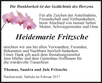 Traueranzeige von Heidemarie Fritzsche von Mitteldeutsche Zeitung Aschersleben
