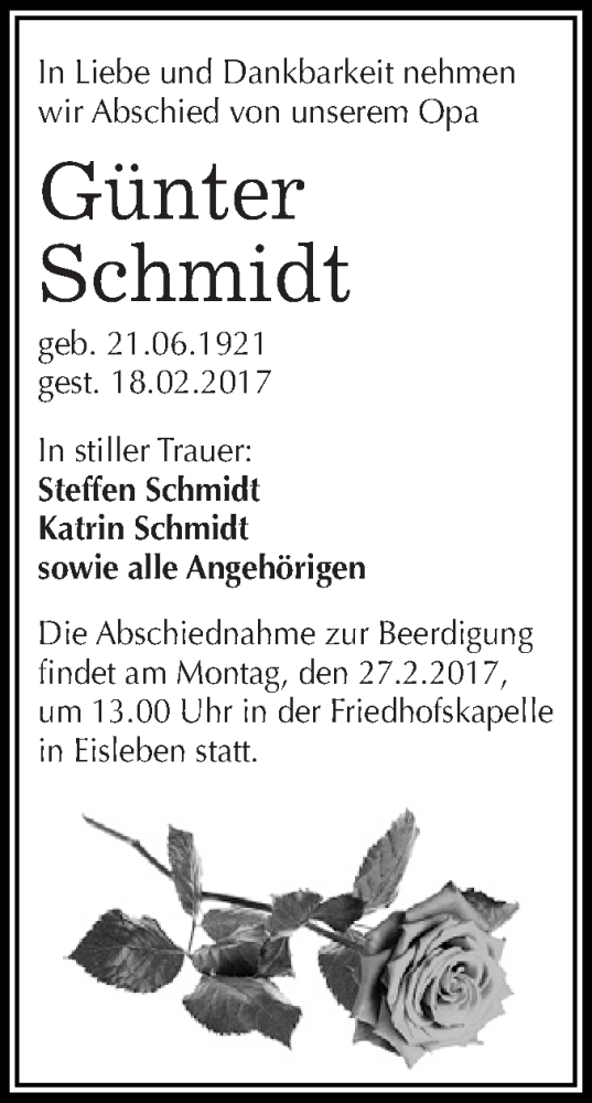  Traueranzeige für Günter Schmidt vom 25.02.2017 aus Super Sonntag SGH Mansf. Land