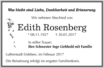 Traueranzeige von Edith Rosenberg von Mitteldeutsche Zeitung Mansfelder Land