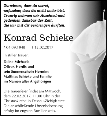 Traueranzeige von Konrad Schieke von Mitteldeutsche Zeitung Dessau-Roßlau
